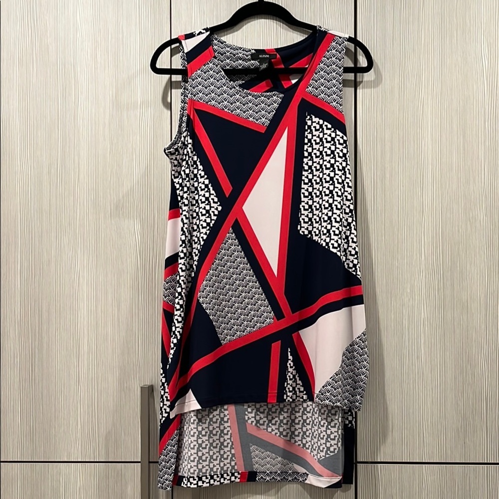 Alfani High Low Tunic Abstract Red White Navy Size‎ Small